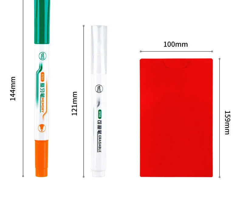 Green erasable highlighter pen set with correction pen and eraser on card packaging