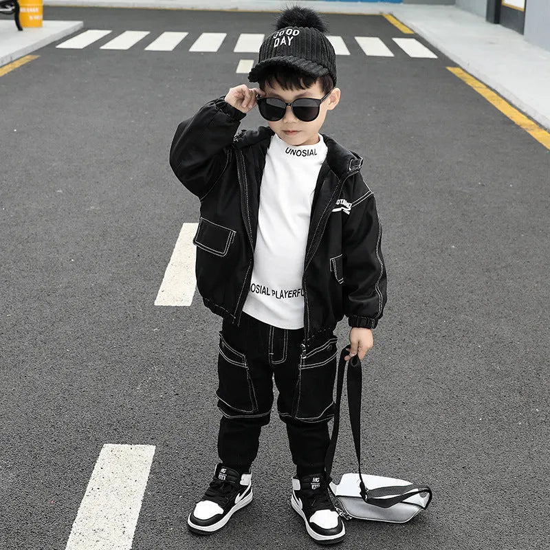 Korean-style plain black cotton jacket and jeans suit for little boys sizes 90 to 140 cm