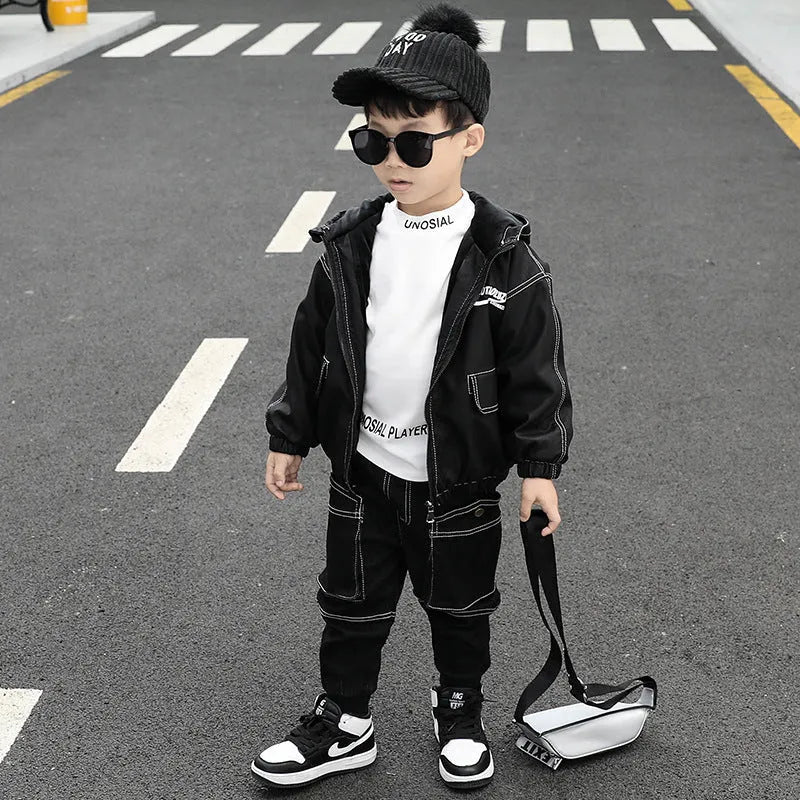 Korean-style plain black cotton jacket and jeans suit for little boys sizes 90 to 140 cm