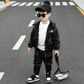 Korean-style plain black cotton jacket and jeans suit for little boys sizes 90 to 140 cm