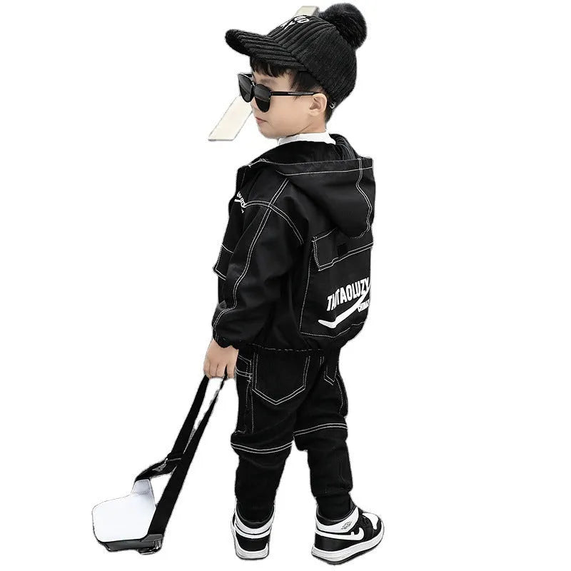 Korean-style plain black cotton jacket and jeans suit for little boys sizes 90 to 140 cm