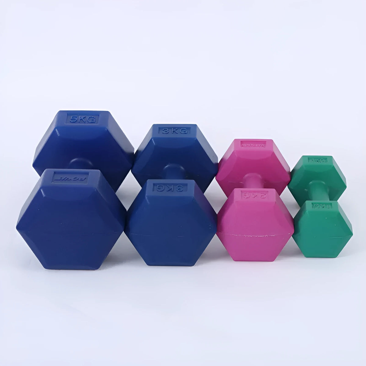 Ladies hexagon dumbbell in PE, 20cm, 1kg or 2kg, Green or Rose Red, for gym aerobics and fitness