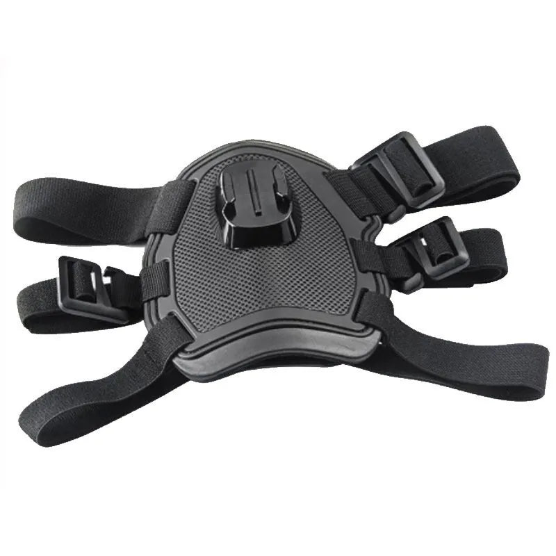 Black dog chest harness mount for GoPro with quick release base, washable material, two fixed positions