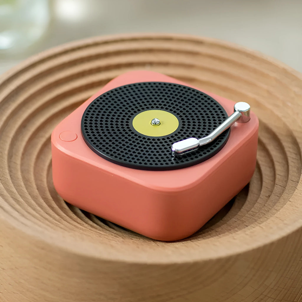Wireless mini portable record vinyl bluetooth speaker in blue with compact 65x65x62mm size
