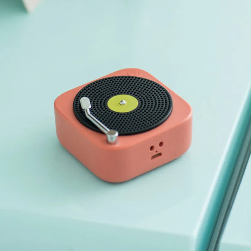 Wireless mini portable record vinyl bluetooth speaker in blue with compact 65x65x62mm size