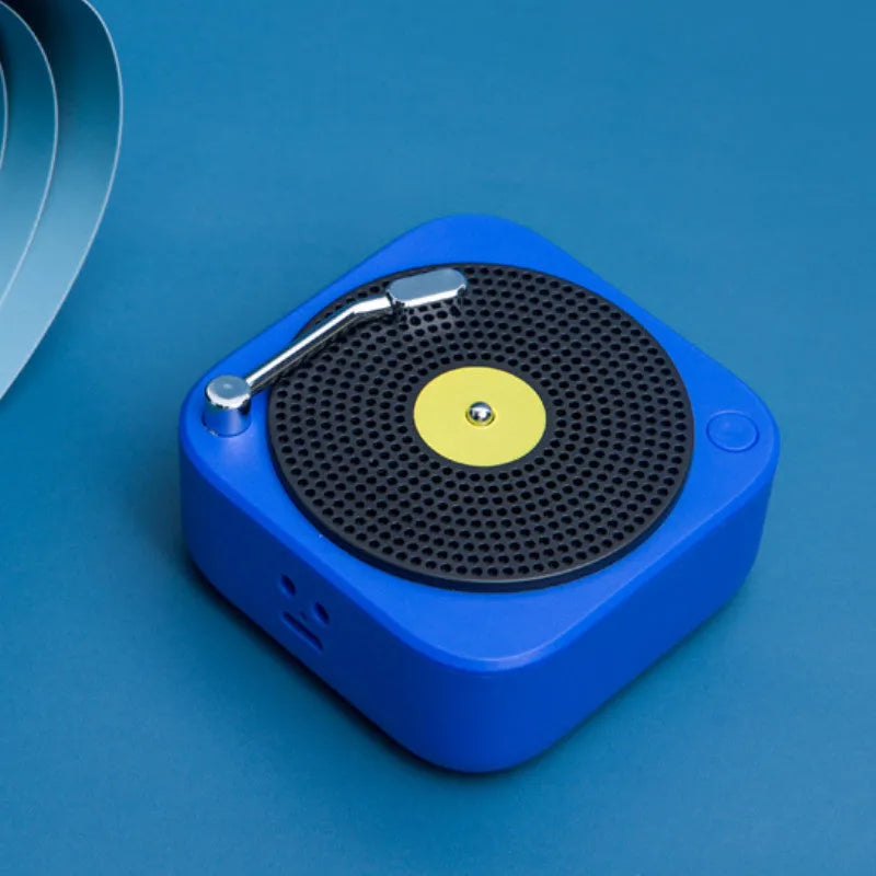 Wireless mini portable record vinyl bluetooth speaker in blue with compact 65x65x62mm size