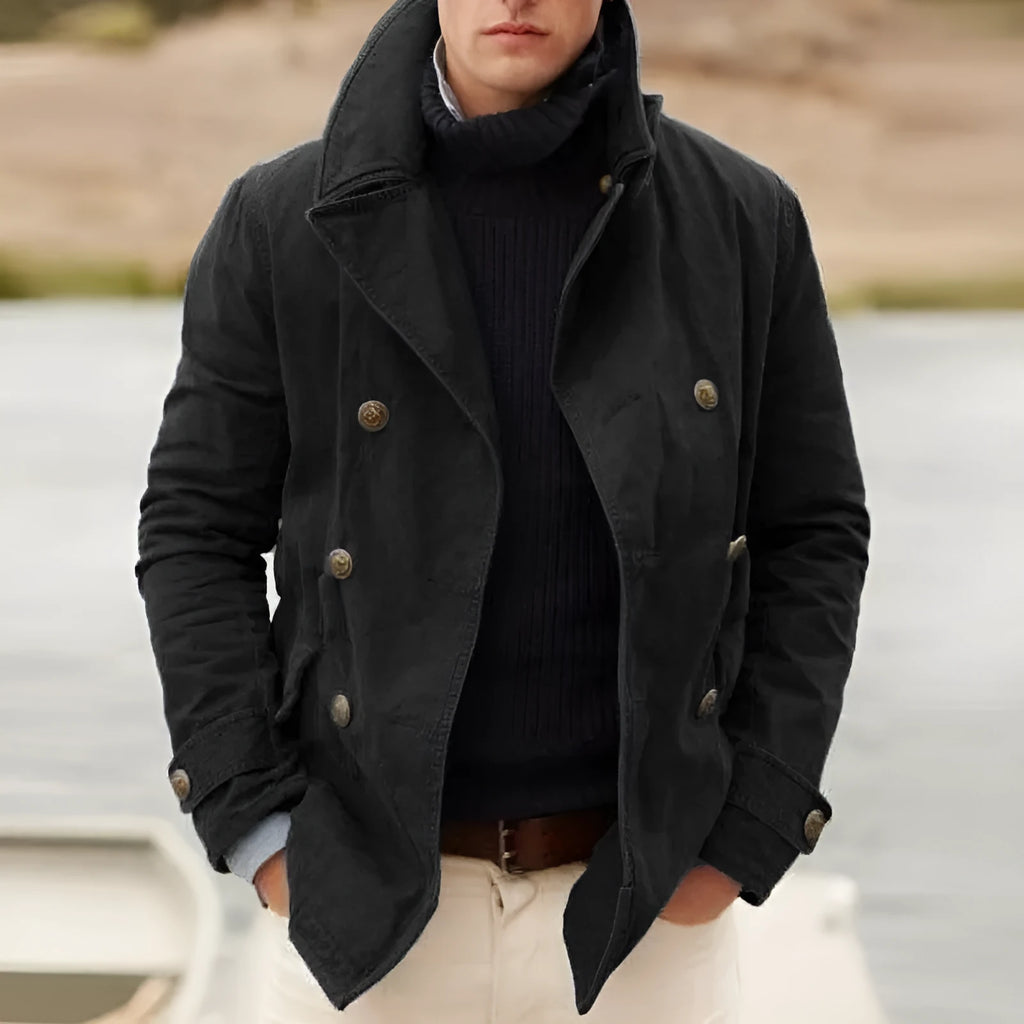 Lined solid colour jacket in black with lapel collar, loose fit, on hanger