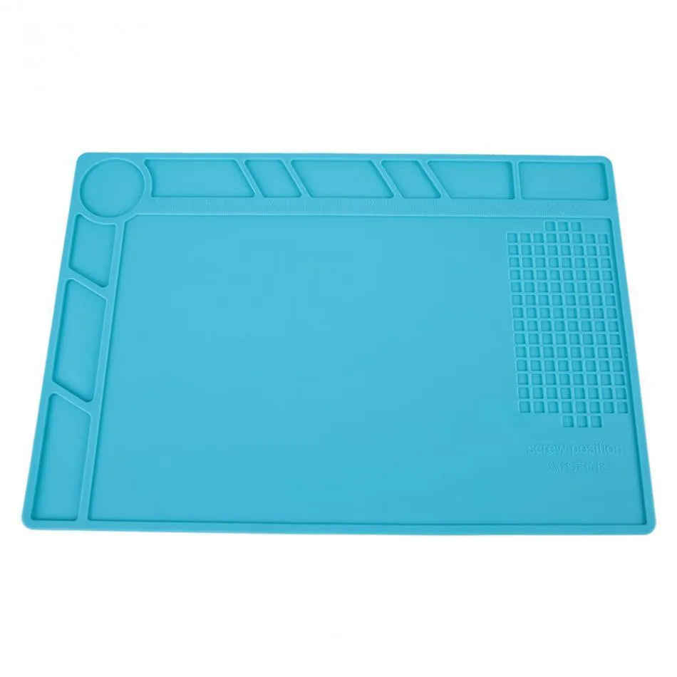 Blue silicone watch repair desk mat with anti-slip textured surface for jewellery tools