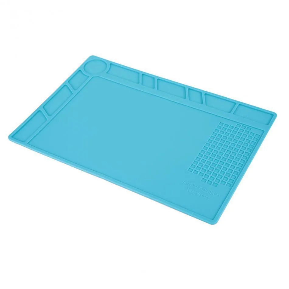 Blue silicone watch repair desk mat with anti-slip textured surface for jewellery tools