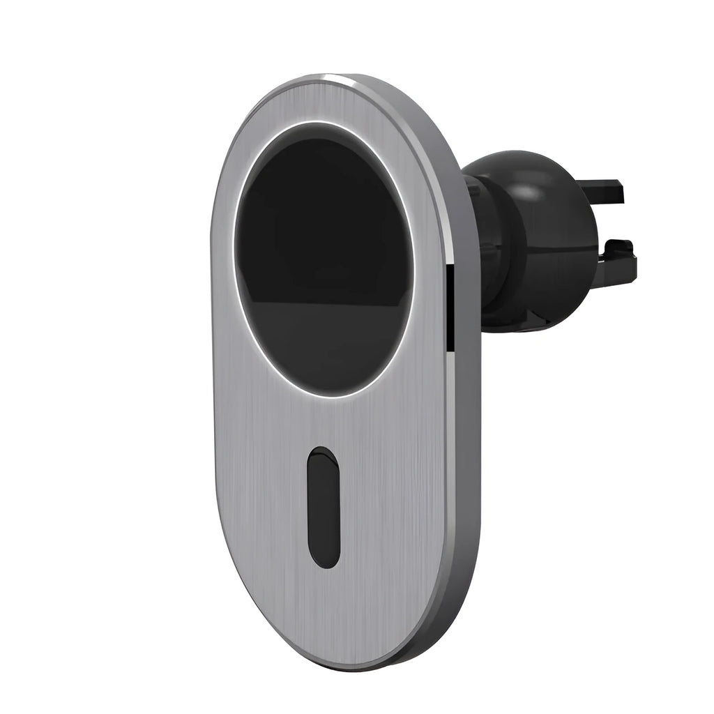 Grey aluminium car magnetic wireless charger with USB-C interface for iPhone