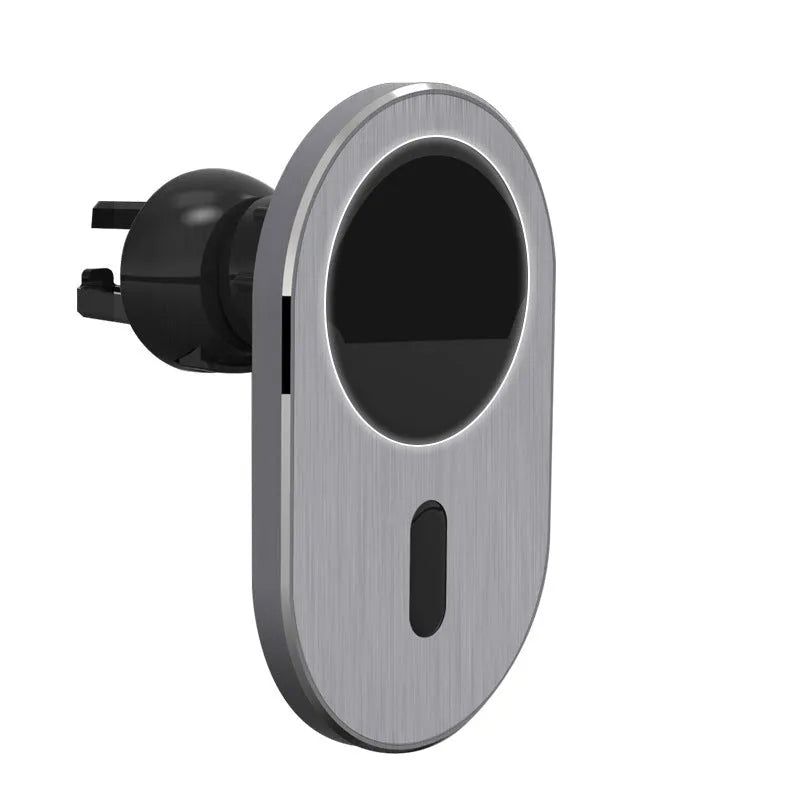 Grey aluminium car magnetic wireless charger with USB-C interface for iPhone