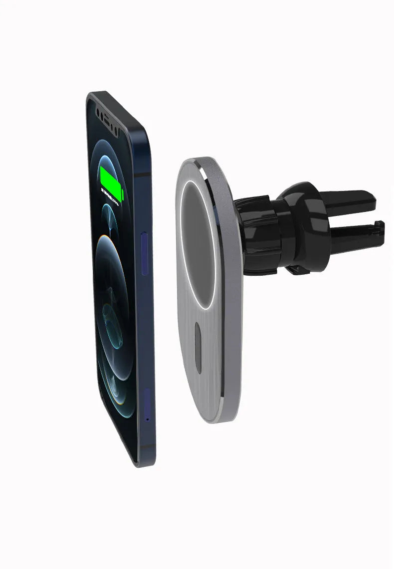 Grey aluminium car magnetic wireless charger with USB-C interface for iPhone