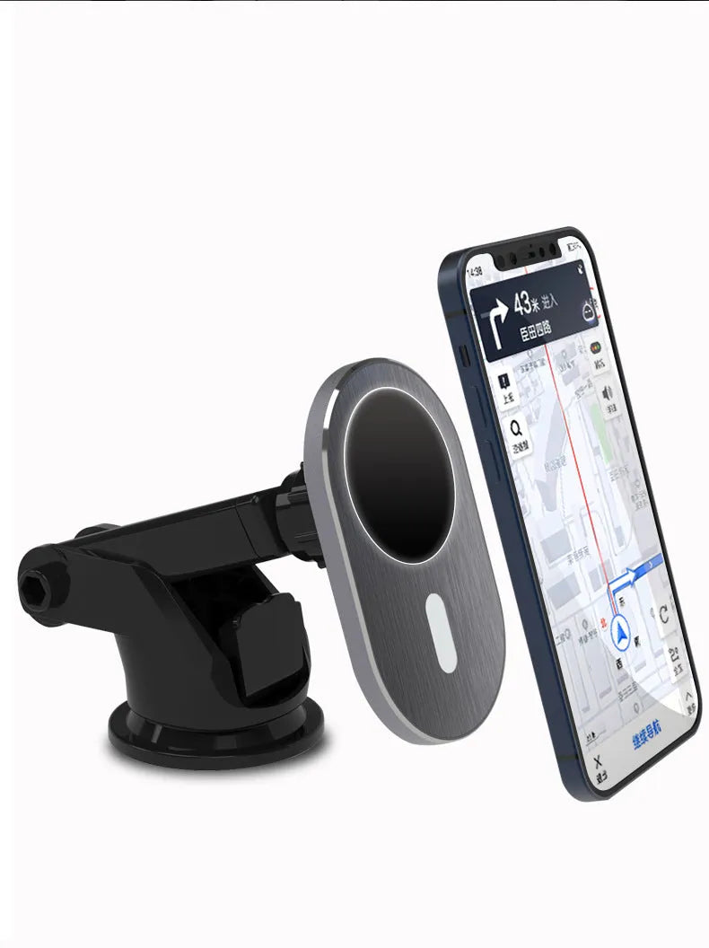 Grey aluminium car magnetic wireless charger with USB-C interface for iPhone