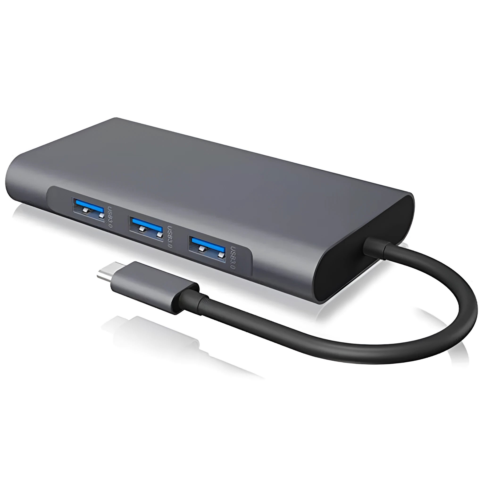 12-in-1 USB C hub in black with Ethernet HDMI VGA and PD ports on a desk