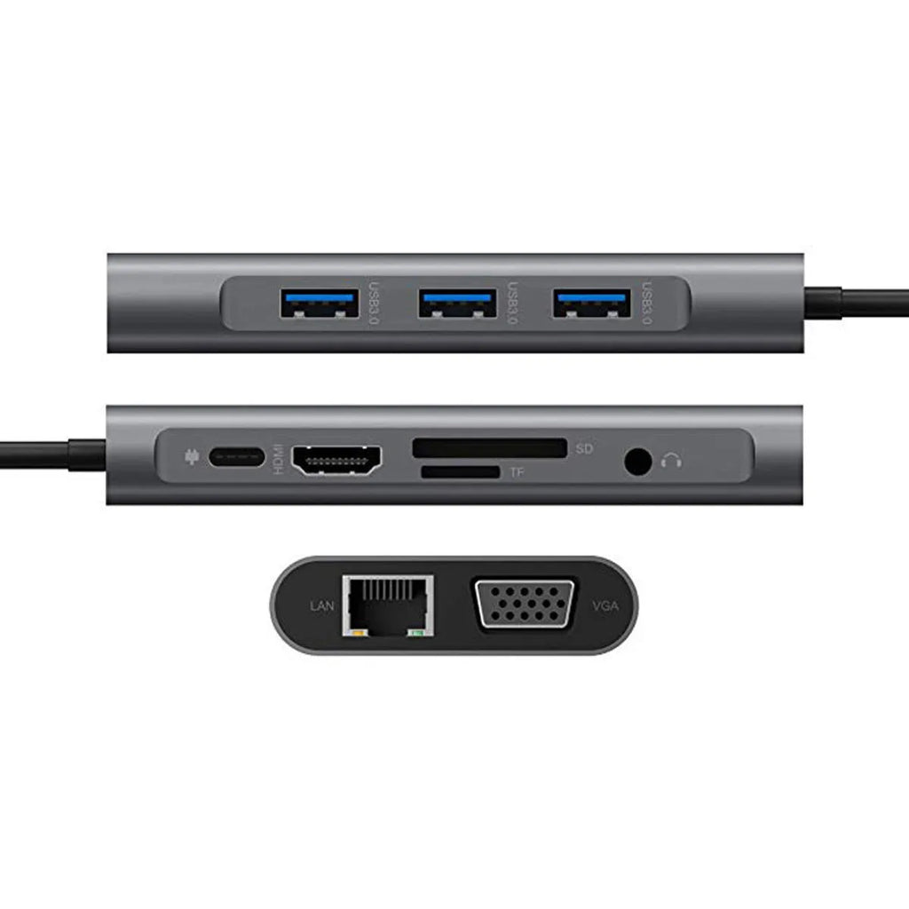 12-in-1 USB C hub in black with Ethernet HDMI VGA and PD ports on a desk