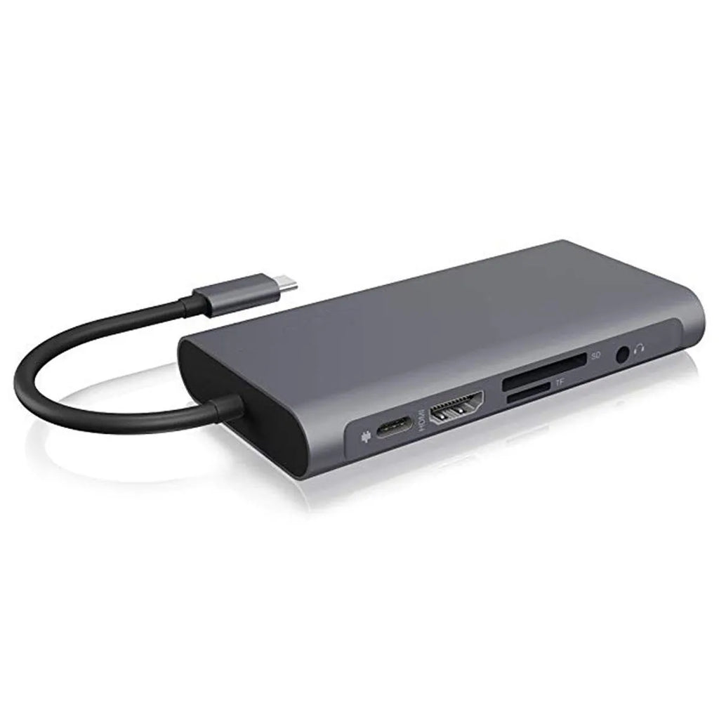 12-in-1 USB C hub in black with Ethernet HDMI VGA and PD ports on a desk