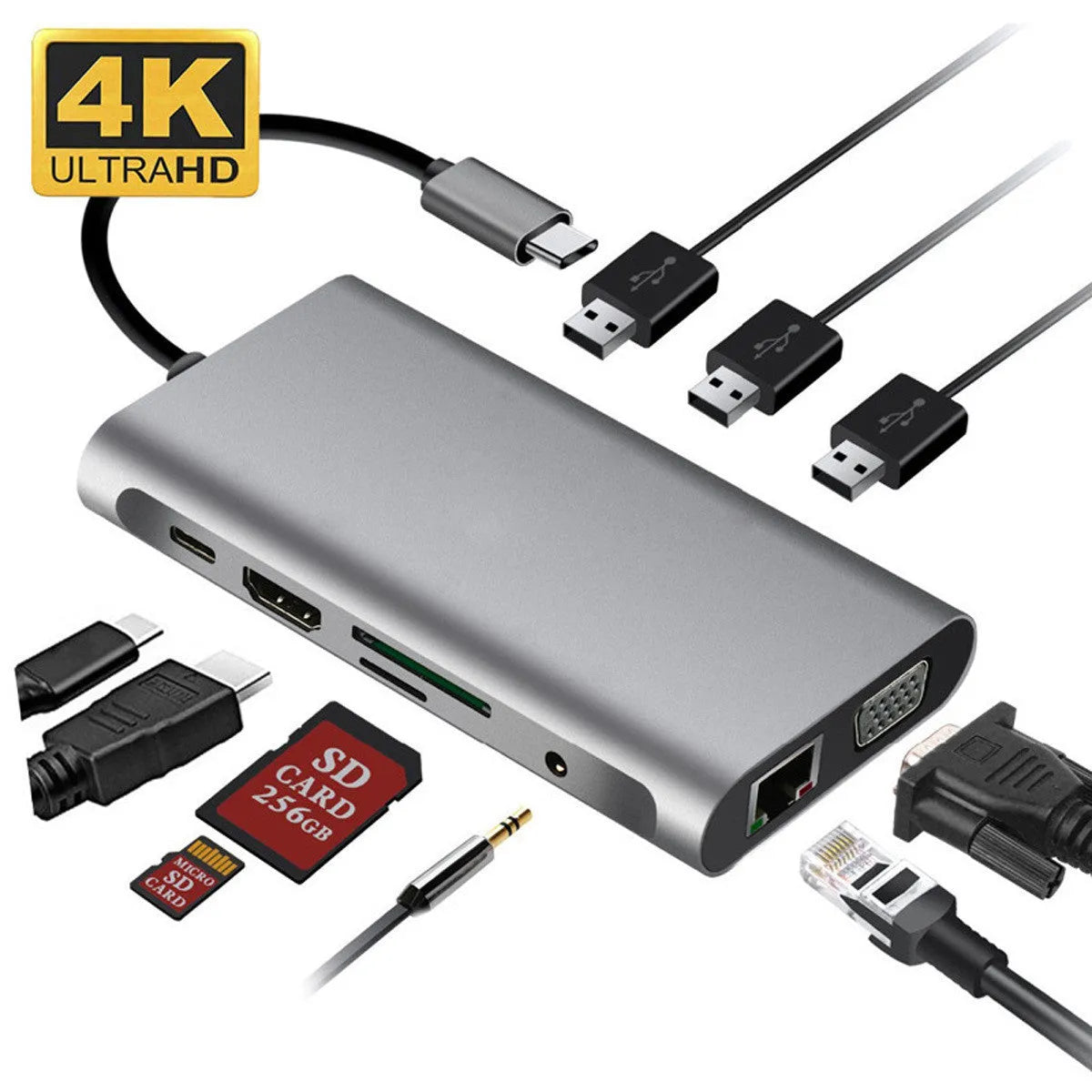 12-in-1 USB C hub in black with Ethernet HDMI VGA and PD ports on a desk