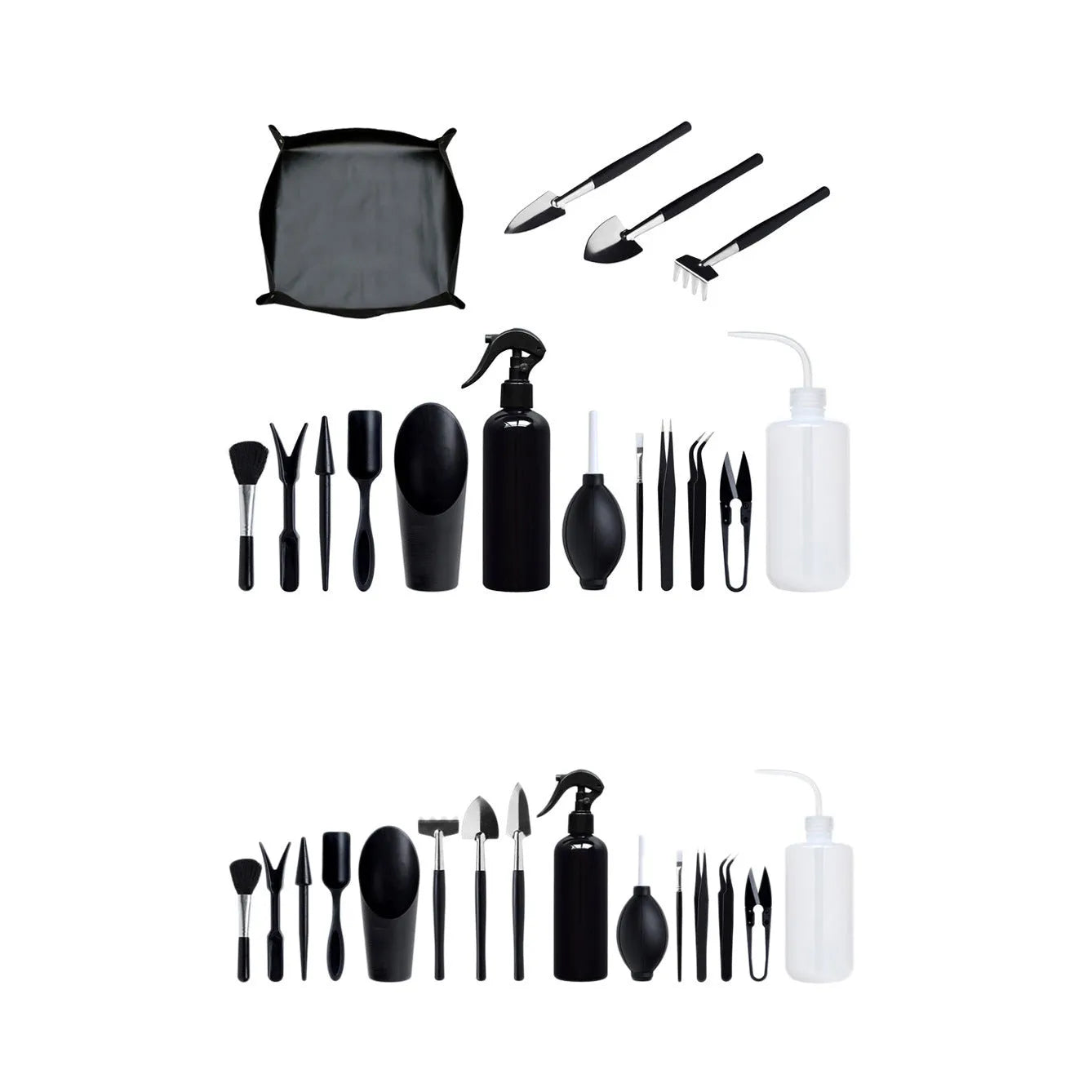 Black plastic and metal mini garden tool set for succulents, with tools laid out on a 75cm square cushion.