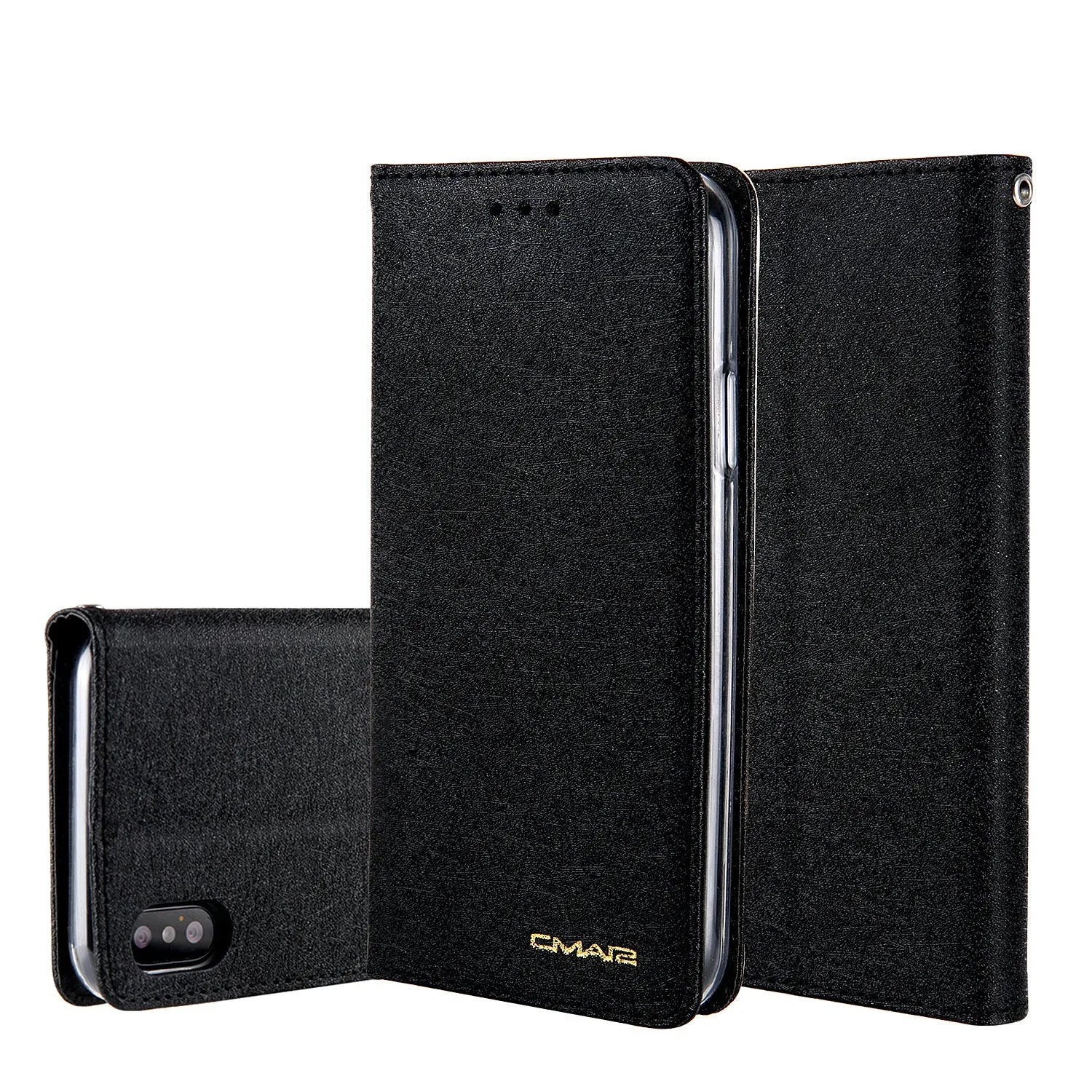 Apple iPhone flip wallet case in PU leather with card slot, shown in multiple colours.
