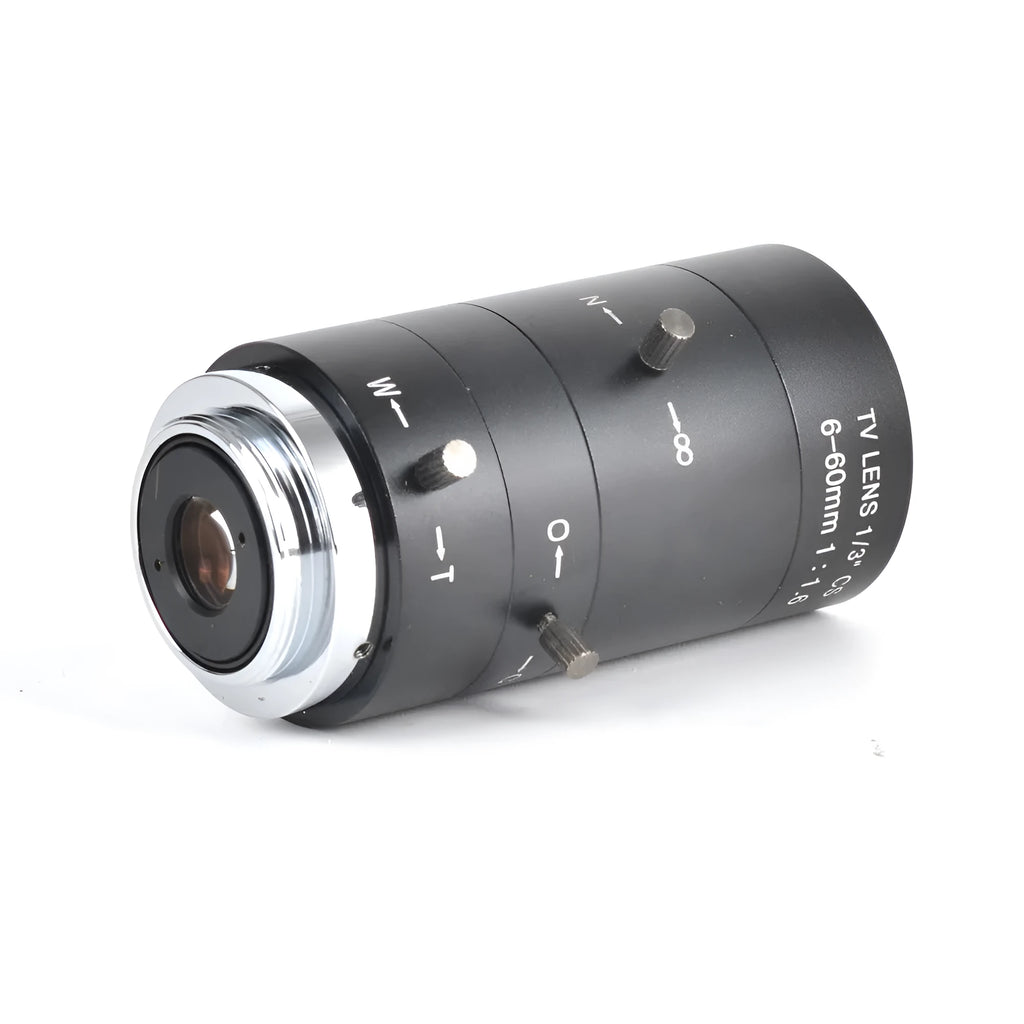 Black manual aperture 6-60mm CS mount camera lens for 1/3 inch sensor cameras.