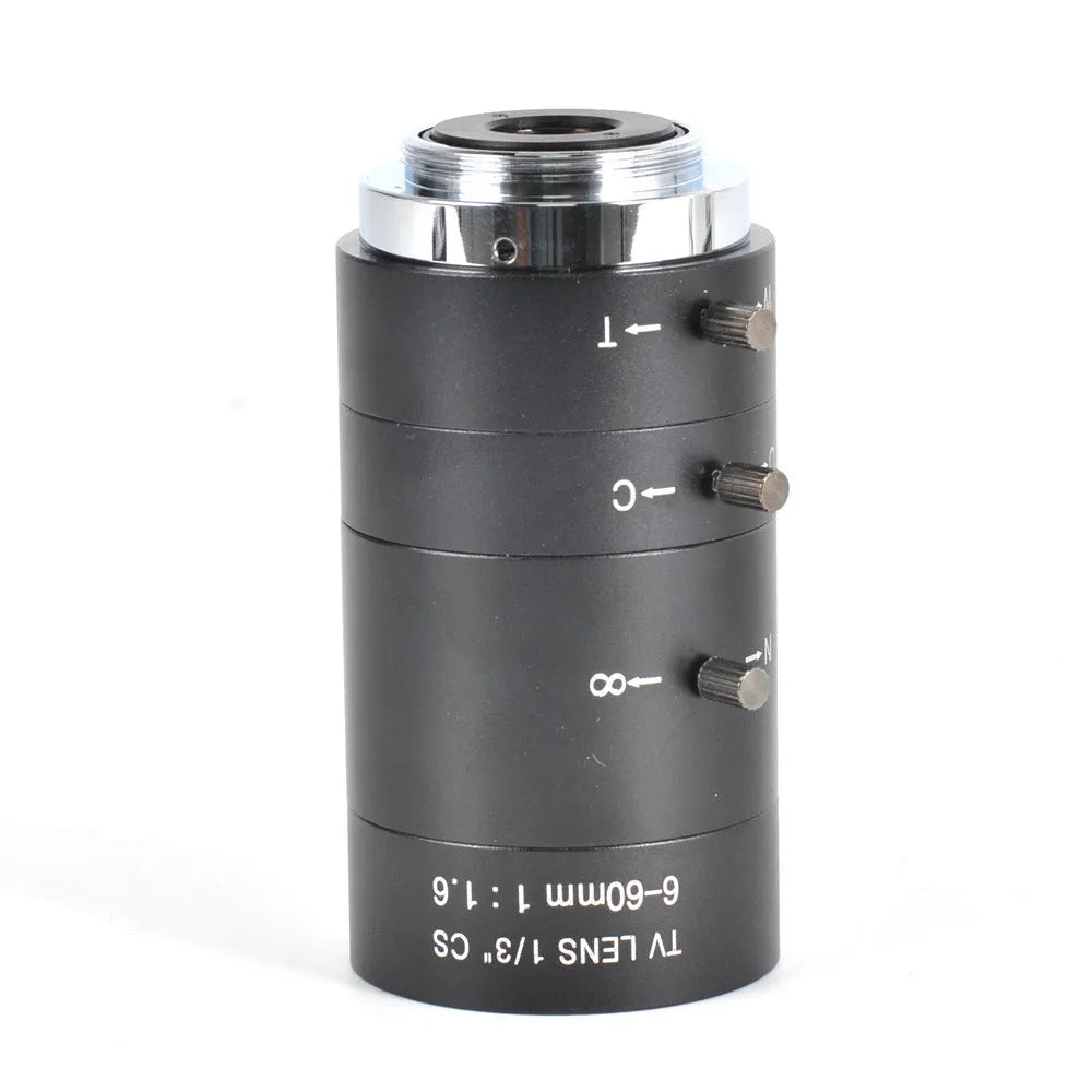Black manual aperture 6-60mm CS mount camera lens for 1/3 inch sensor cameras.