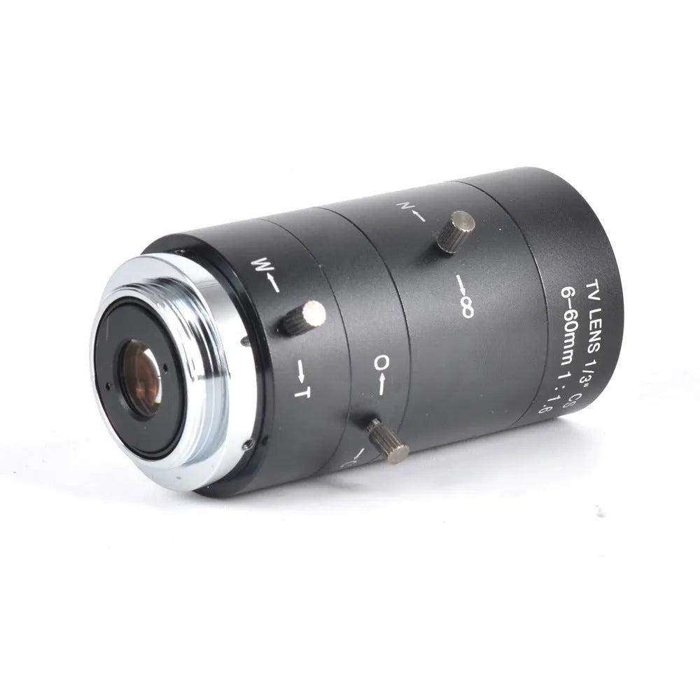 Black manual aperture 6-60mm CS mount camera lens for 1/3 inch sensor cameras.