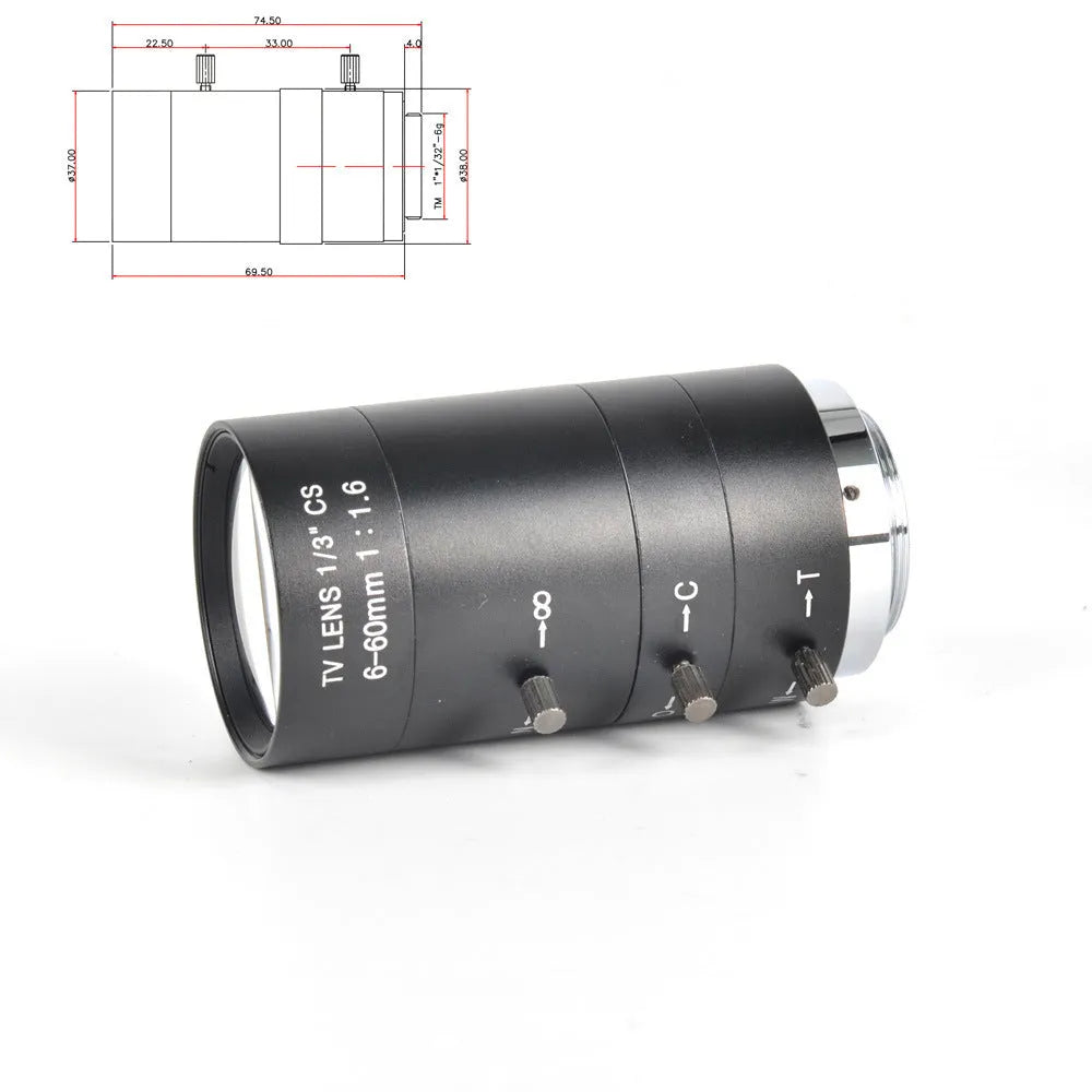 Black manual aperture 6-60mm CS mount camera lens for 1/3 inch sensor cameras.