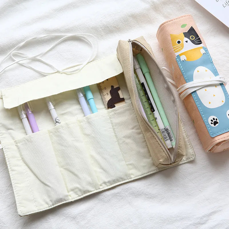 Korean cartoon cat pencil case in blue, green, pink, and yellow colour variations