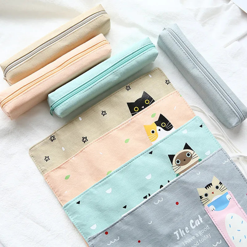 Korean cartoon cat pencil case in blue, green, pink, and yellow colour variations