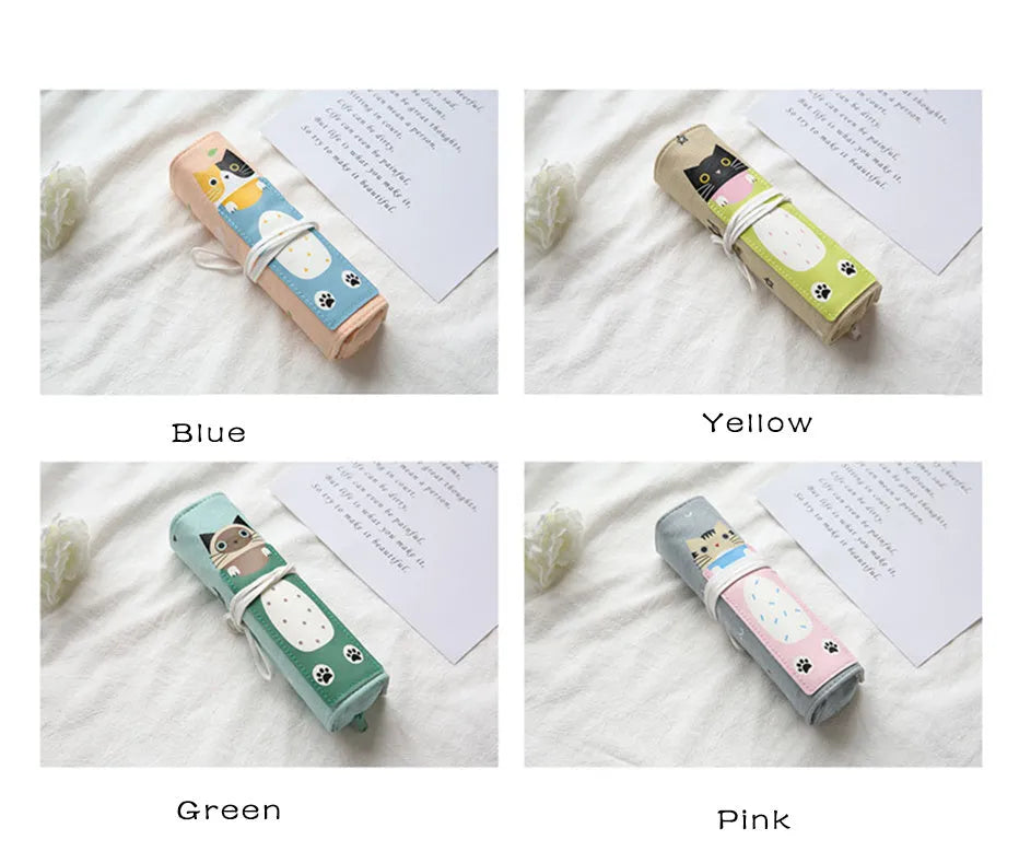 Korean cartoon cat pencil case in blue, green, pink, and yellow colour variations