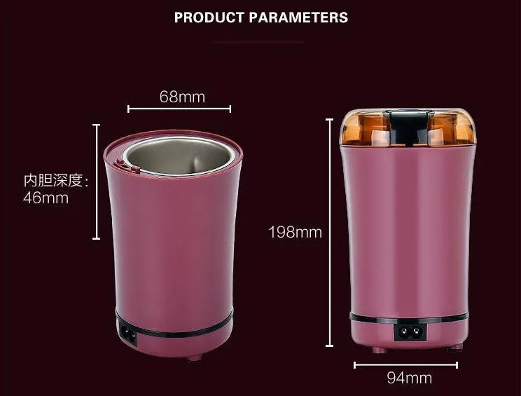 Black or purple mini electric grinder with stainless steel liner on a kitchen worktop