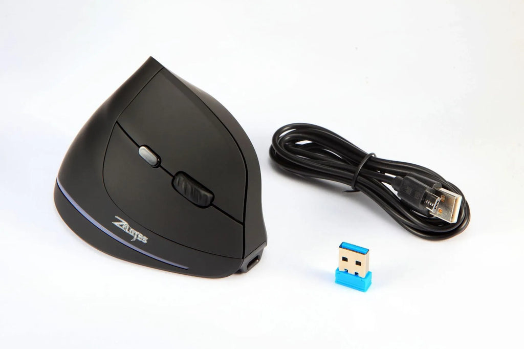 F35 wireless charging vertical gaming mouse in black with 6 buttons and USB receiver