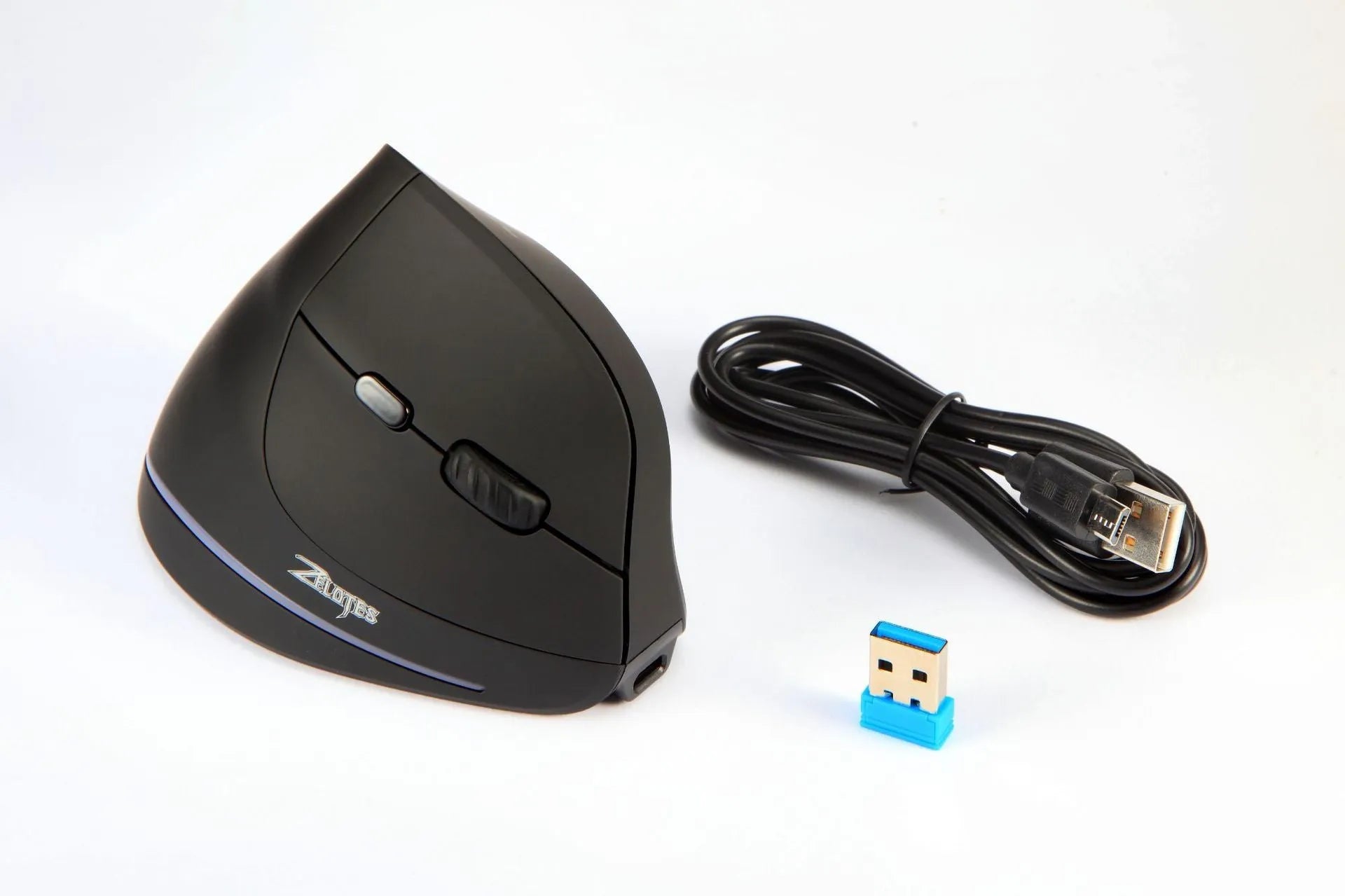 F35 wireless charging vertical gaming mouse in black with 6 buttons and USB receiver