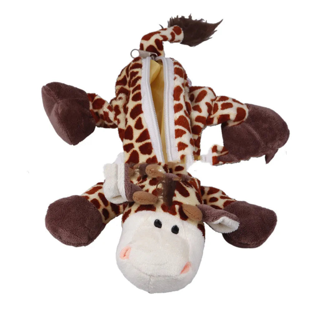 Plush round pencil case with cartoon animal design, shown with zip open.