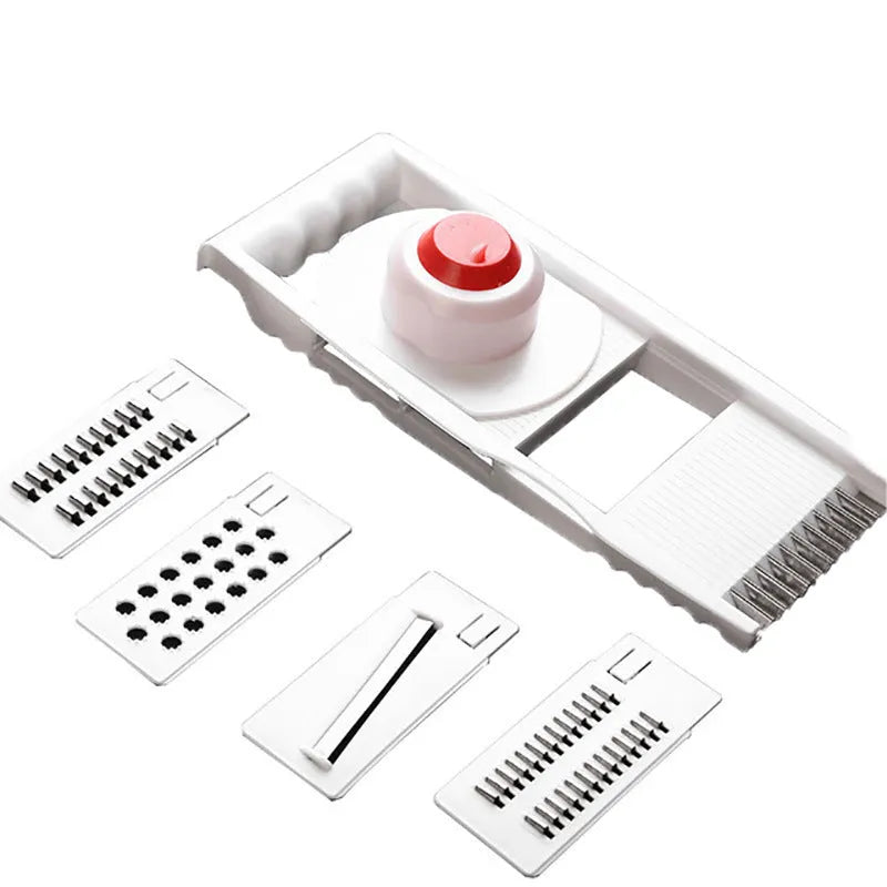 White home kitchen multifunctional grater set with stainless steel blades, hand guard, and main body measuring 28.3 by 13.2 cm.
