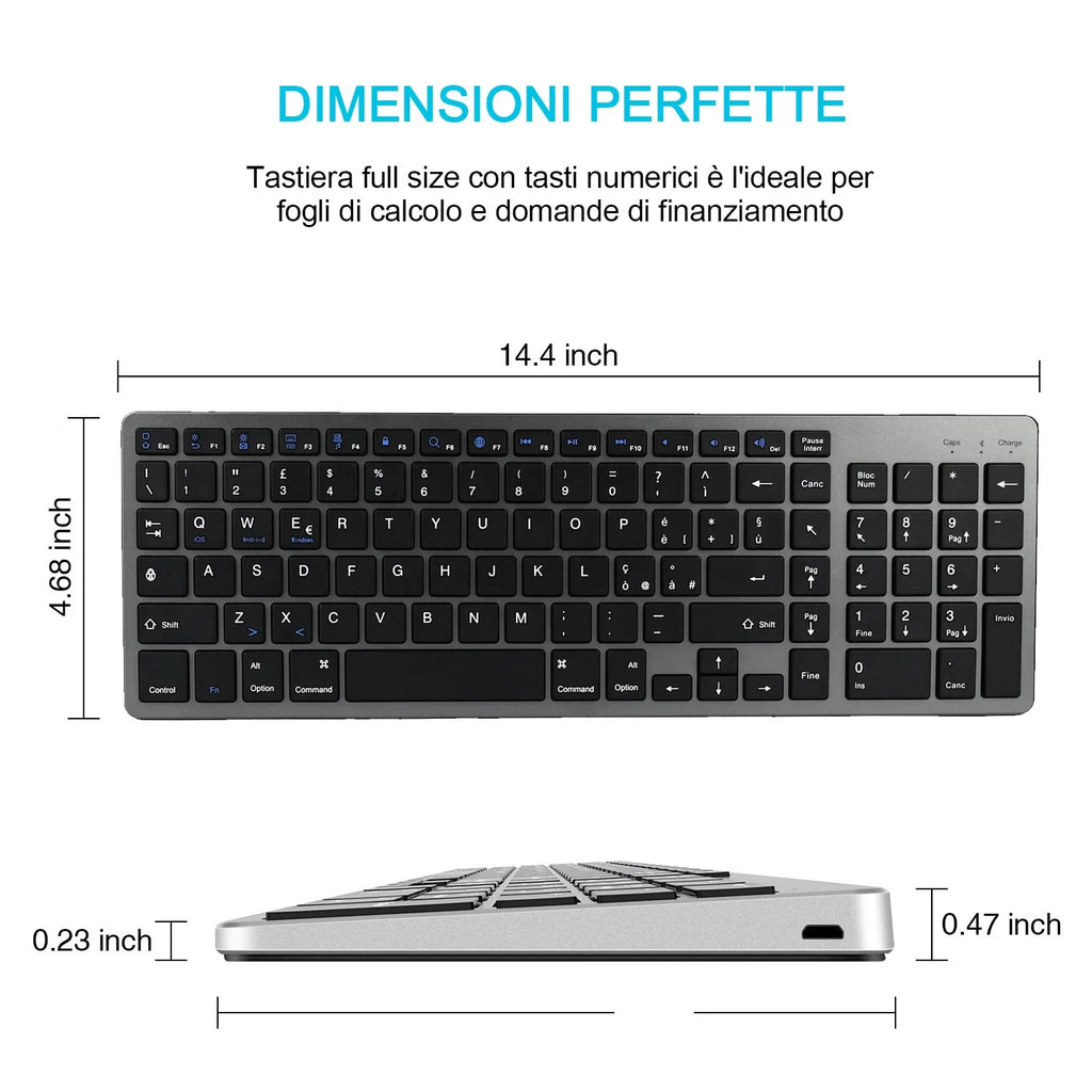 Grey ultra-thin aluminium Bluetooth keyboard for tablet and mobile phone.