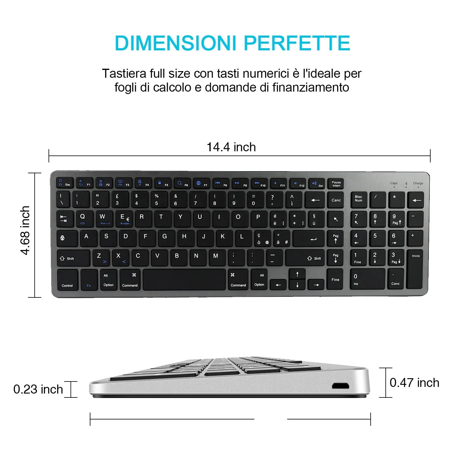 Grey ultra-thin aluminium Bluetooth keyboard for tablet and mobile phone.