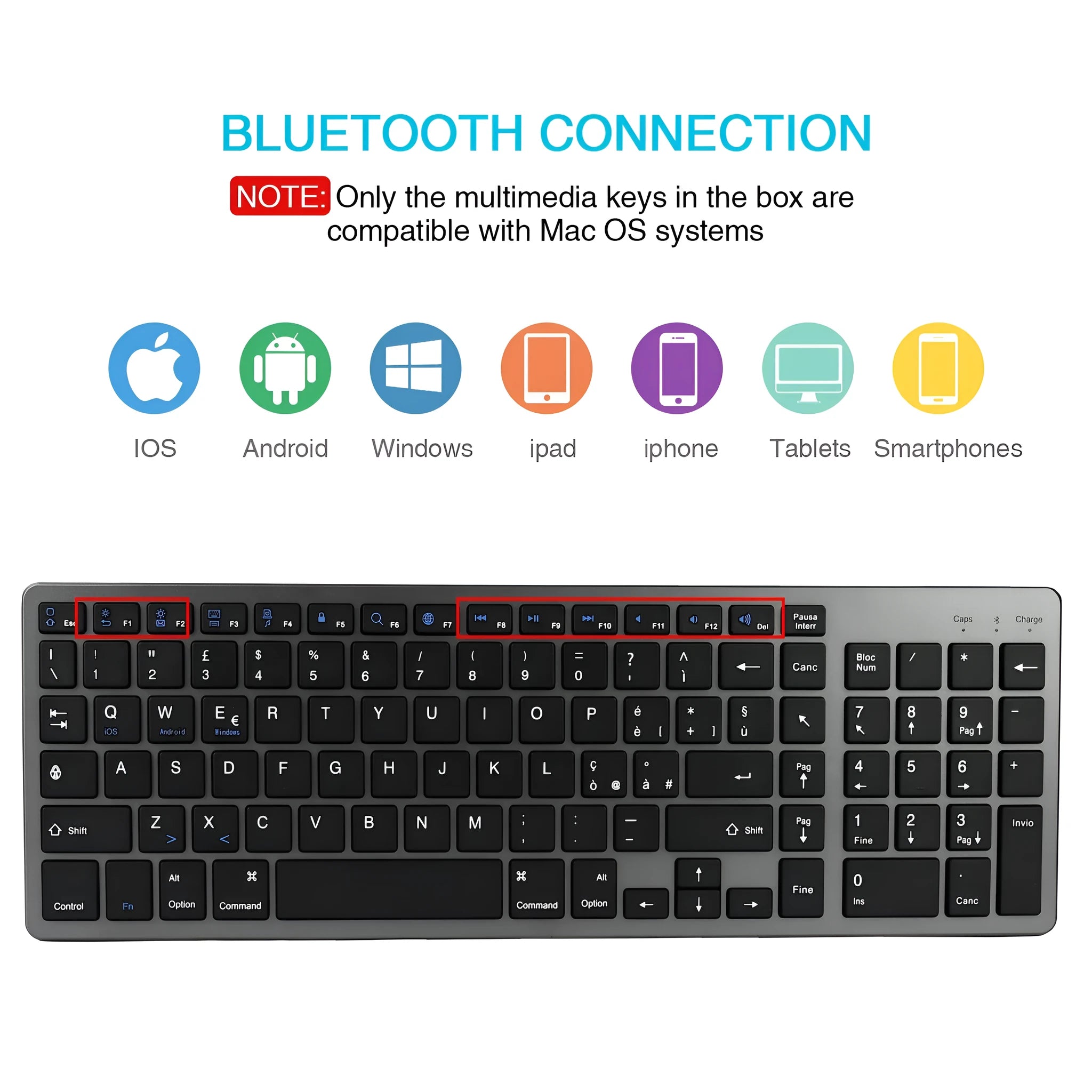 Grey ultra-thin aluminium Bluetooth keyboard for tablet and mobile phone.