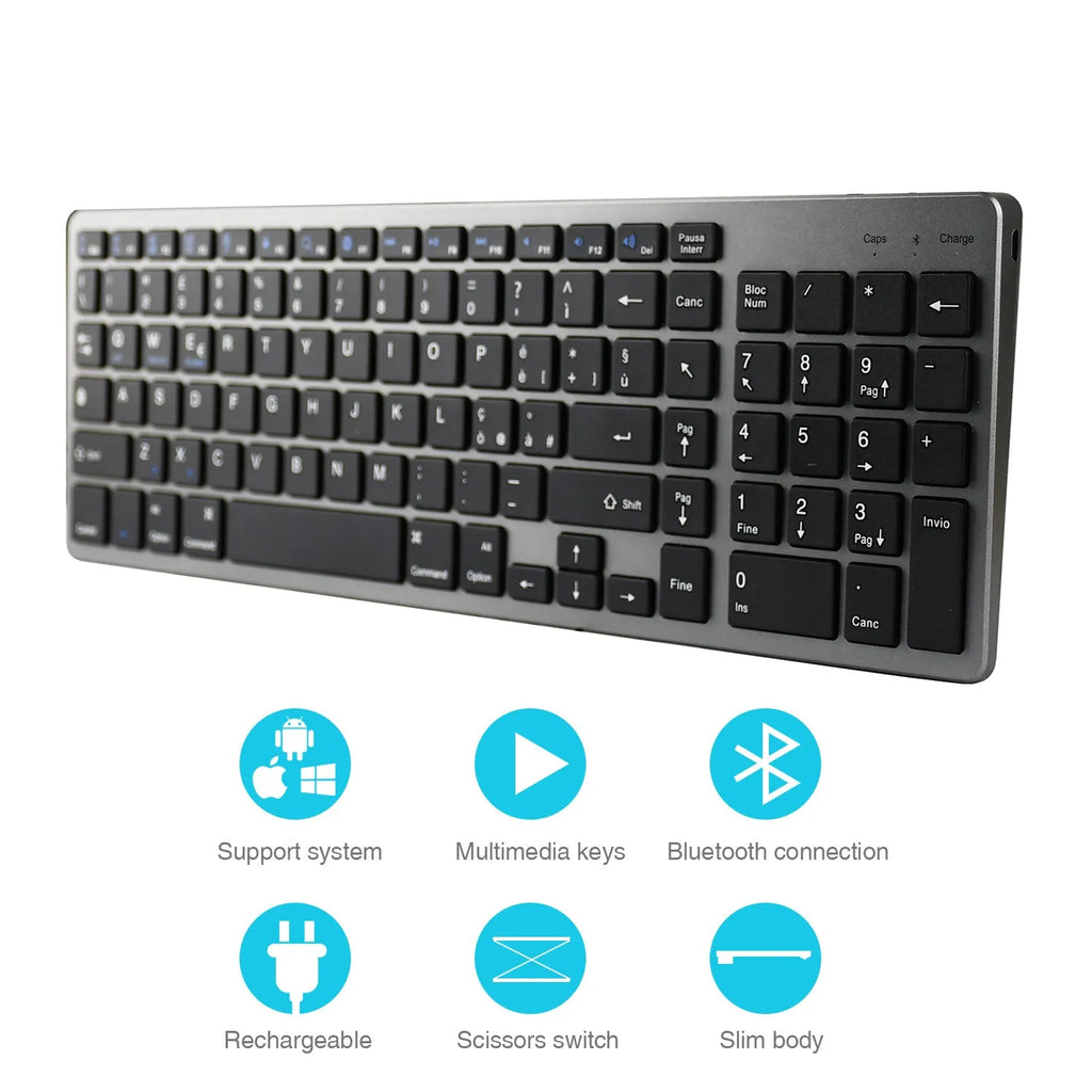 Grey ultra-thin aluminium Bluetooth keyboard for tablet and mobile phone.