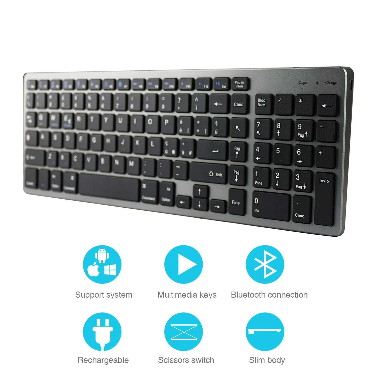 Grey ultra-thin aluminium Bluetooth keyboard for tablet and mobile phone.