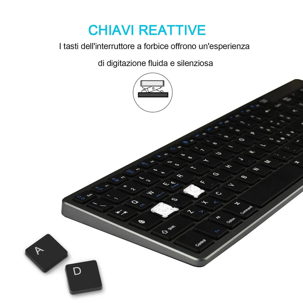 Grey ultra-thin aluminium Bluetooth keyboard for tablet and mobile phone.