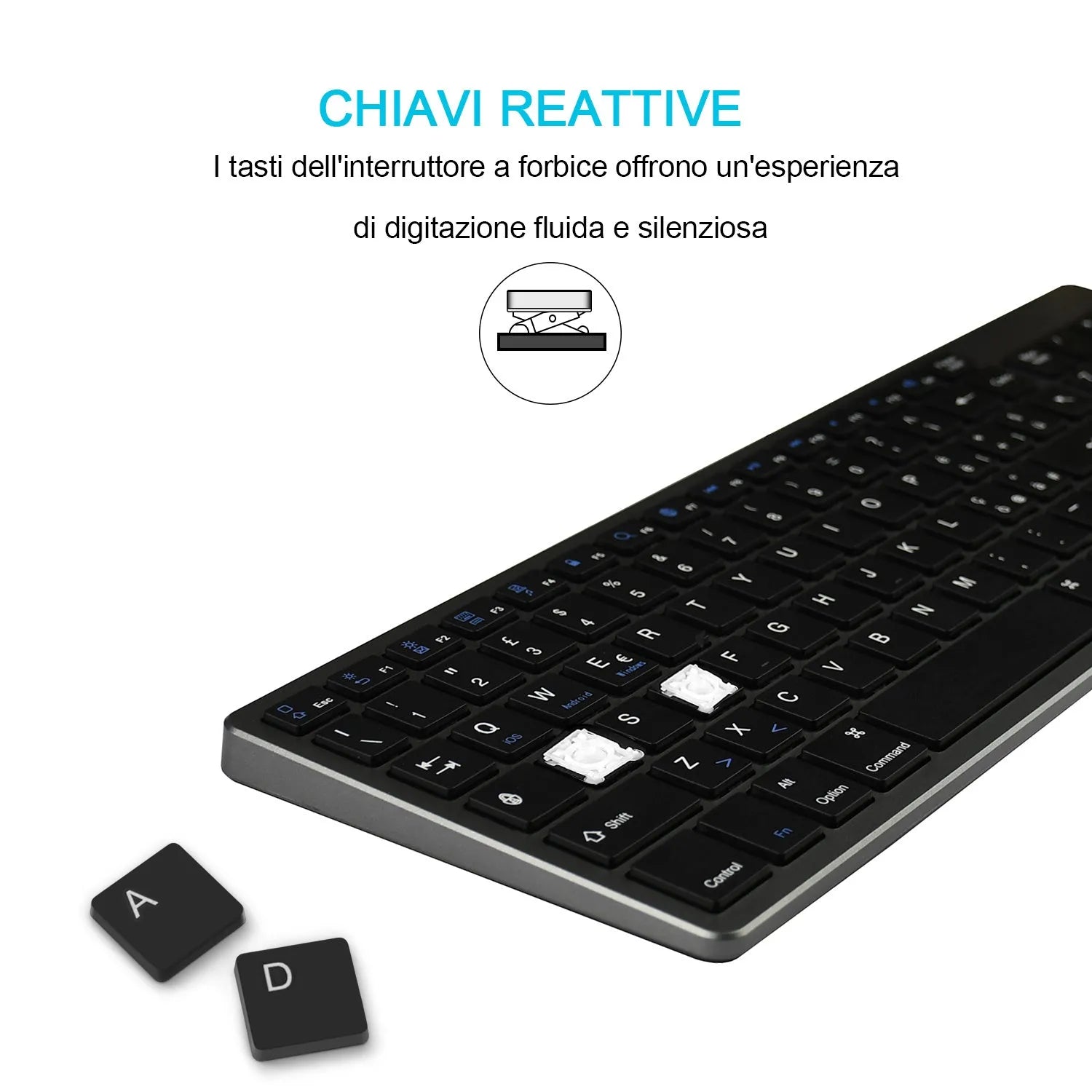 Grey ultra-thin aluminium Bluetooth keyboard for tablet and mobile phone.