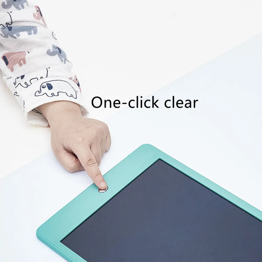 10 inch children's LCD writing tablet with colourful screen, blue plastic frame, stylus included