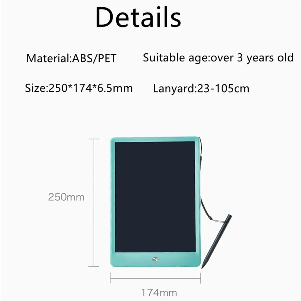10 inch children's LCD writing tablet with colourful screen, blue plastic frame, stylus included