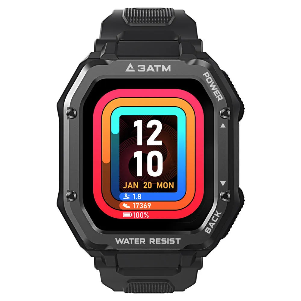Army green rugged smart watch with 1.69 inch screen showing sport tracking display