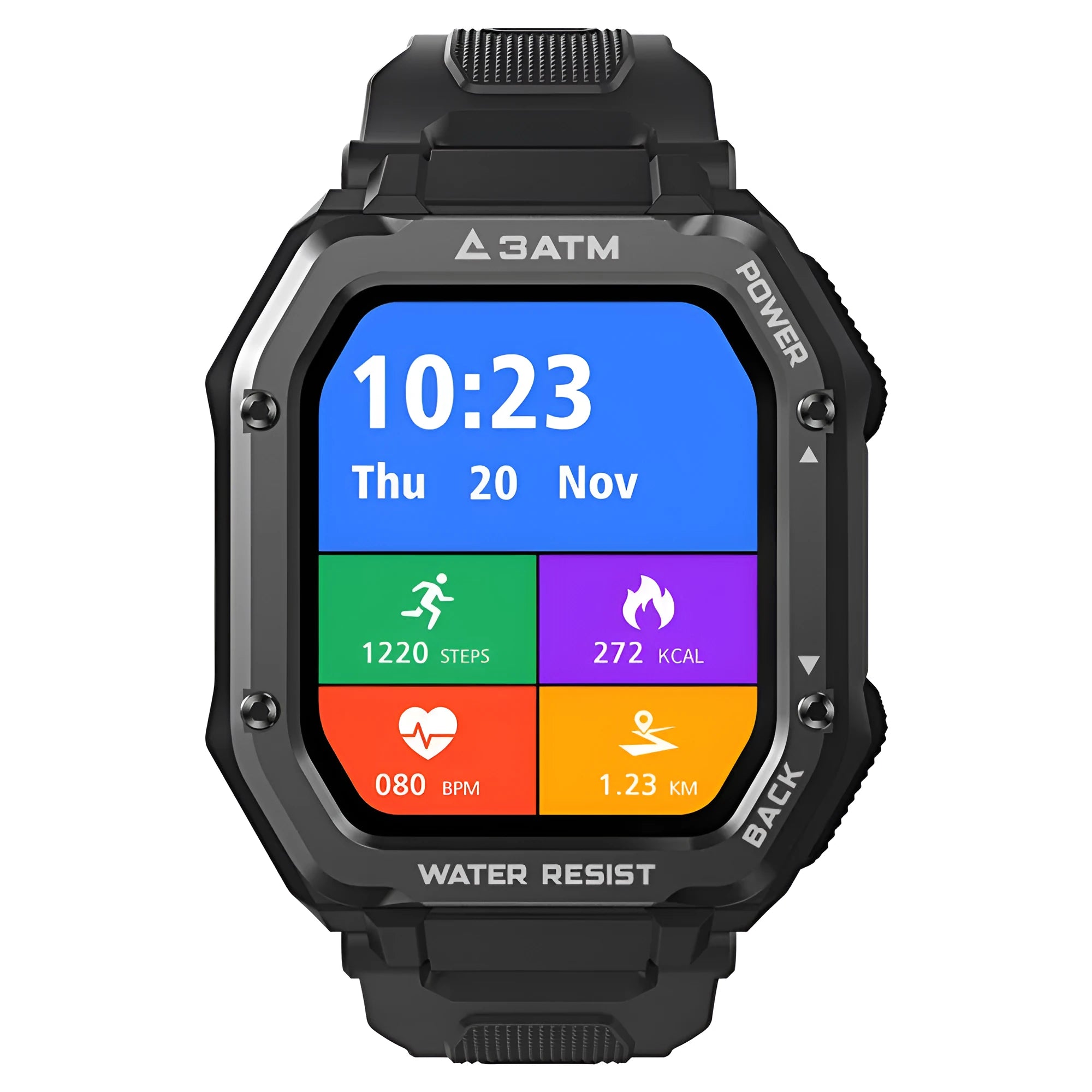 Army green rugged smart watch with 1.69 inch screen showing sport tracking display