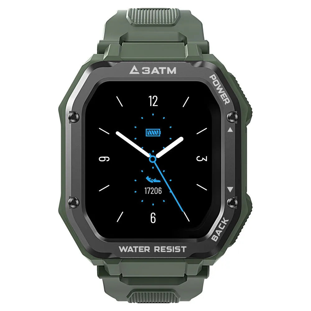Army green rugged smart watch with 1.69 inch screen showing sport tracking display