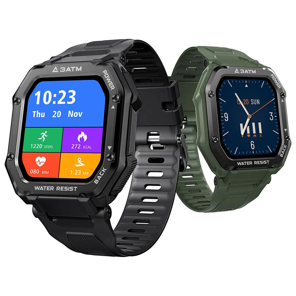 Army green rugged smart watch with 1.69 inch screen showing sport tracking display