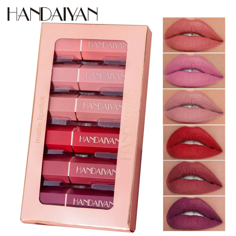 Matte lipstick gift box set with 6 non-stick cup lipsticks in gift box packaging