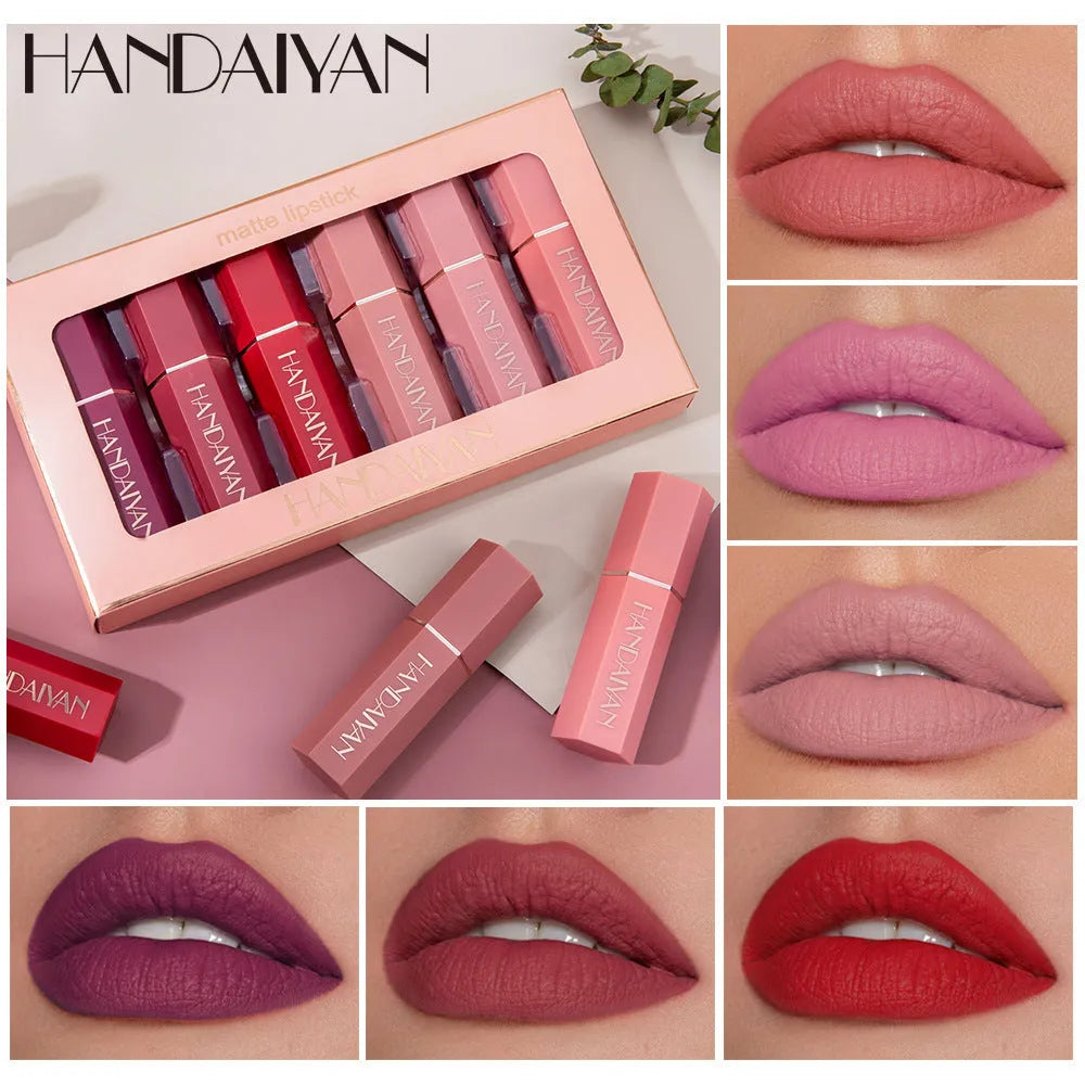 Matte lipstick gift box set with 6 non-stick cup lipsticks in gift box packaging